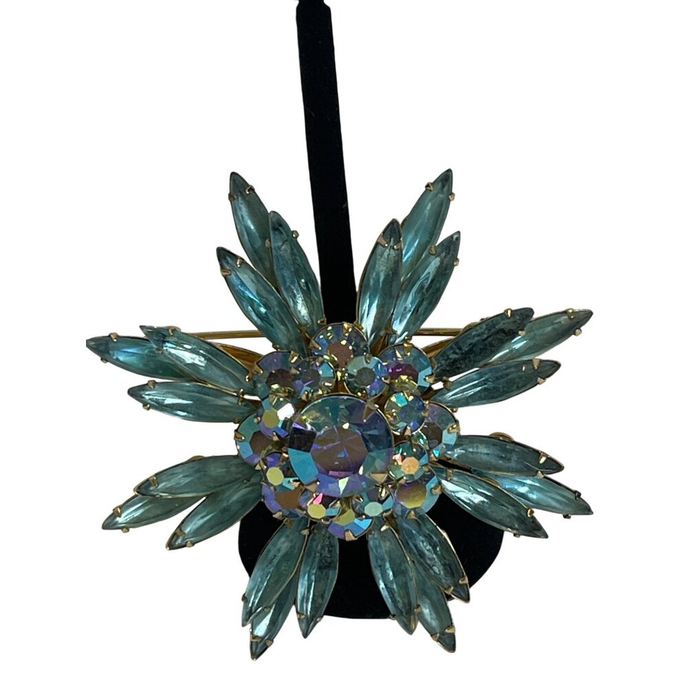 Judy Lee Aqua Blue AB Rhinestone Brooch Pin Clip On Earrings Set Starburst VTG - Picture 16 of 16